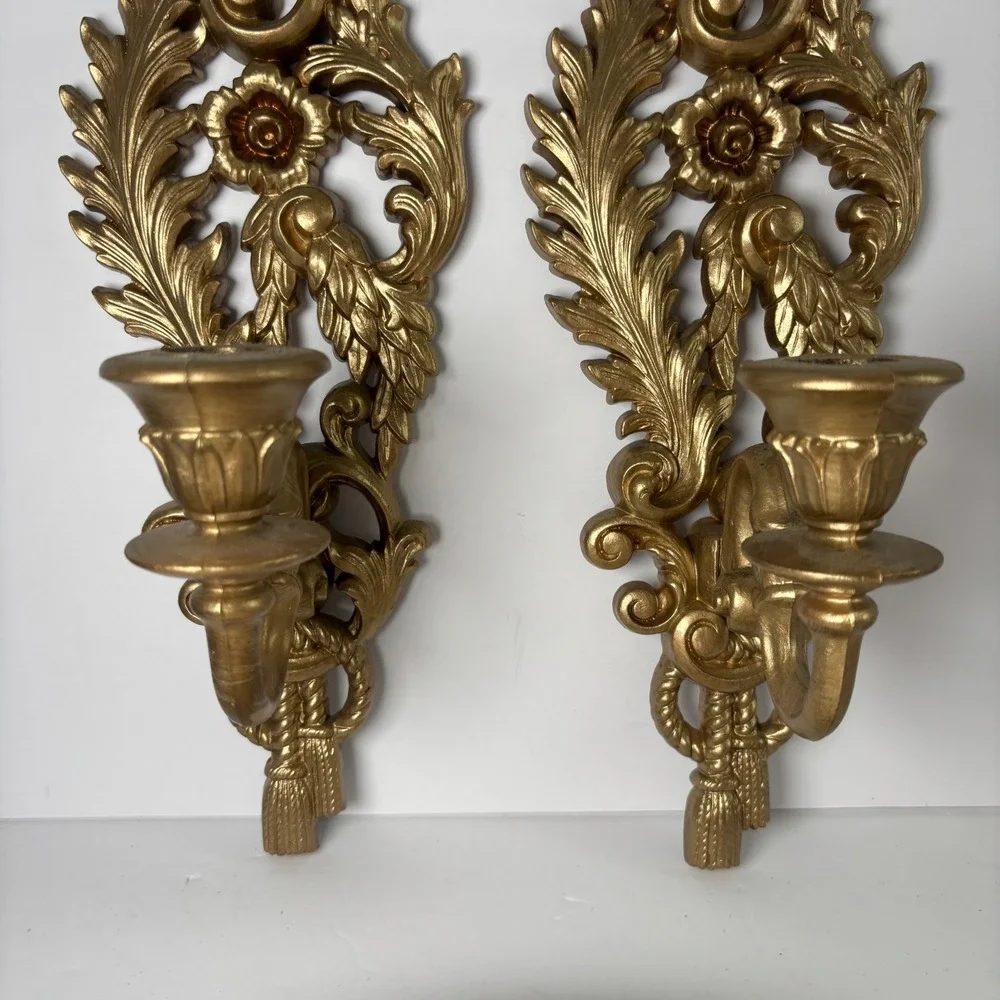 Burwood Vintage Gold Wall‎ Sconce Pair Ornate Hollywood Regency Floral Tassel